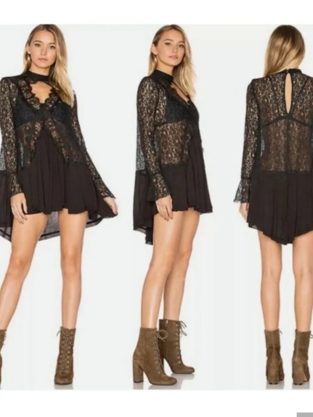 Free People Tell Tale Sheer Lace Tunic Mini Dress in Black Size Small